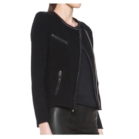 IRO Black Fleece Boucle Maiden Raw Hem Quilted Leather Detail Jacket - Picture 2 of 12